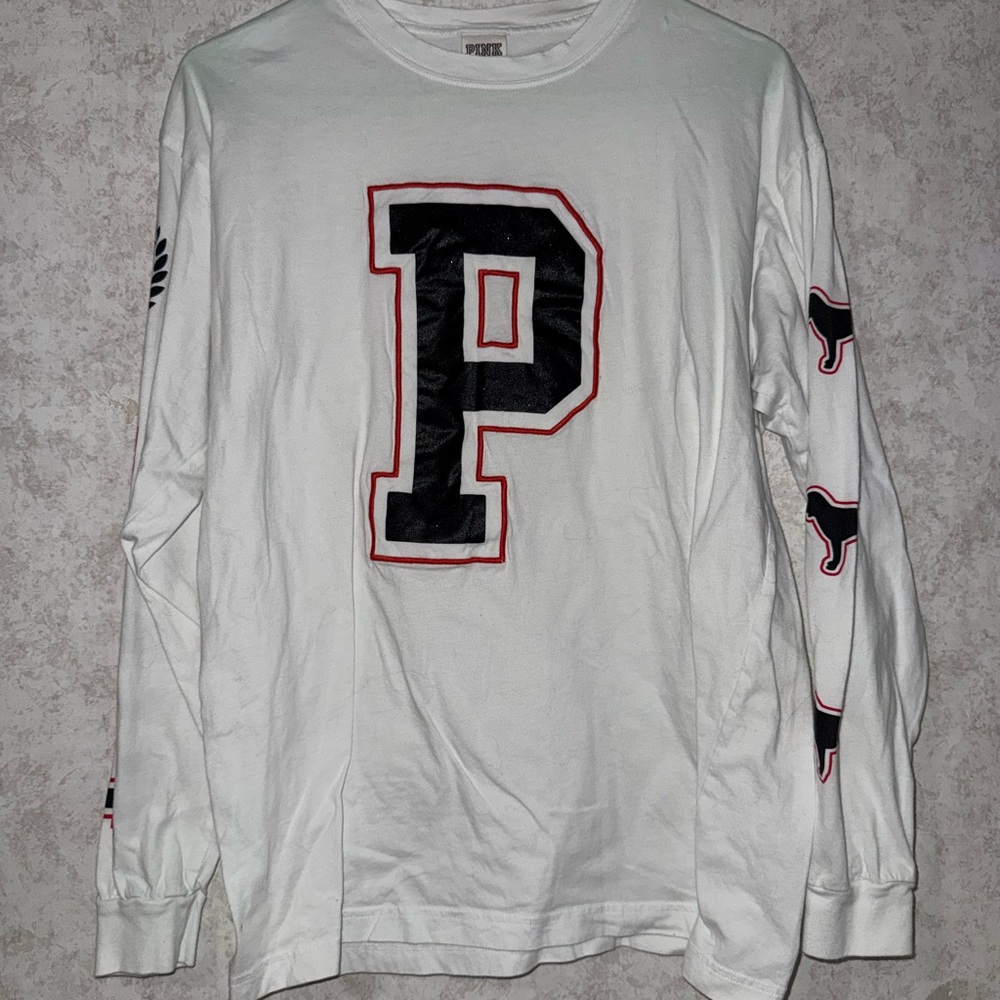 PINK Victoria's Secret Long Sleeve White Tee with Black Varsity P